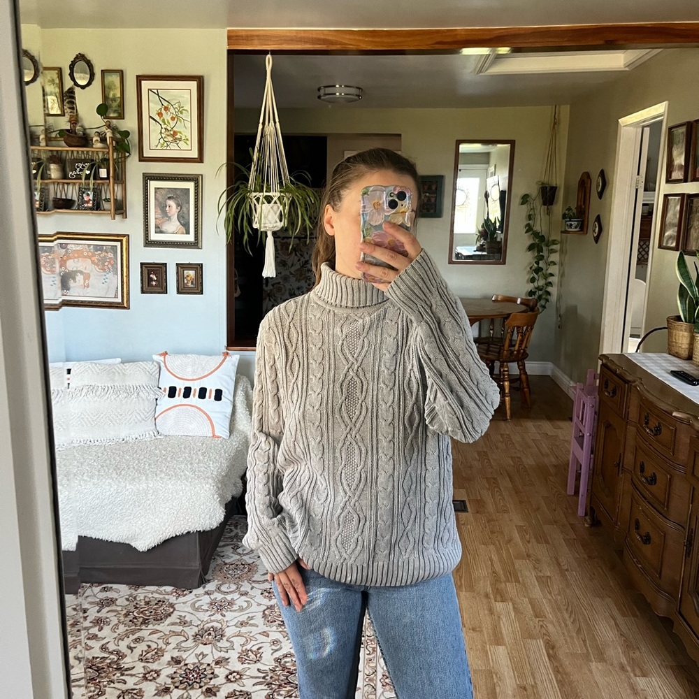 Grey cable knit turtleneck sweater